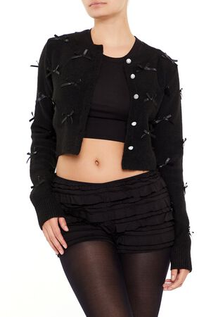 BLACK Bow & Faux Pearl Cardigan Sweater, image 1
