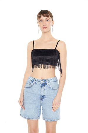 LIGHT BROWN Satin Fringe Cropped Cami, image 1