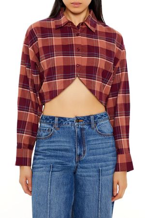 RED/MULTI Plaid Flannel Cropped Shirt, image 1