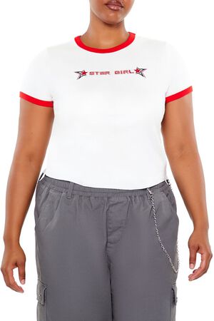 WHITE/MULTI Plus Size Star Girl Ringer Tee, image 1