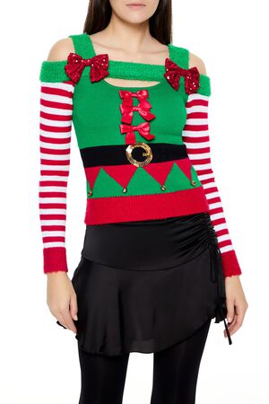 GREEN/MULTI Elf Open-Shoulder Sweater, image 1