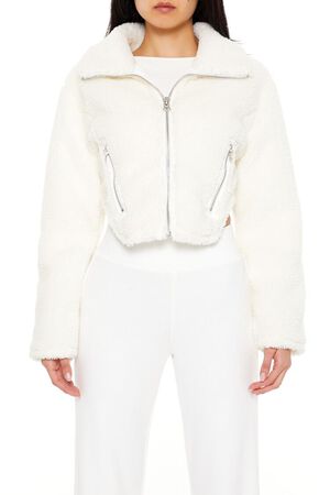 WHITE Faux Shearling Cropped Moto Jacket, image 1