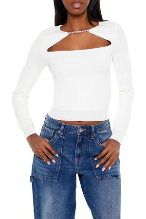 WHITE Faux Gem Cutout Sweater, image 1