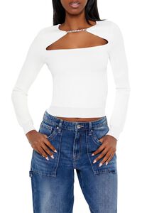 WHITE Faux Gem Cutout Sweater, image 1