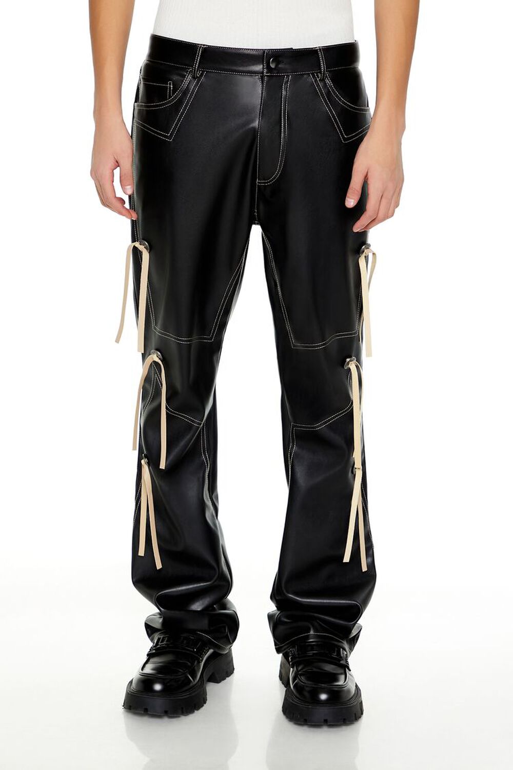 BLACK/CREAM Two-Tone Faux Leather Flare Pants, image 2