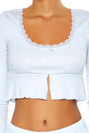 BLUE/WHITE Bow Print Flounce Pajama Crop Top, image 3