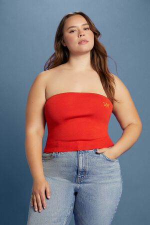 FIERY RED/GOLD Plus Size Lee Sweater-Knit Tube Top, image 1