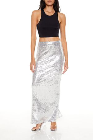SILVER Metallic Sequin Maxi Skirt, image 1