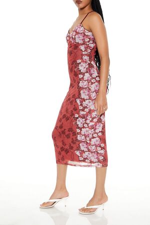 RUST/MULTI Mesh Floral Print Slip Midi Dress, image 2