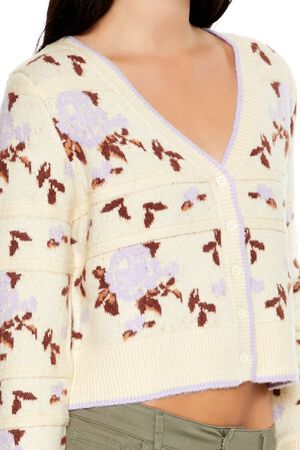 CREAM/PURPLE Floral Print Cardigan Sweater, image 3