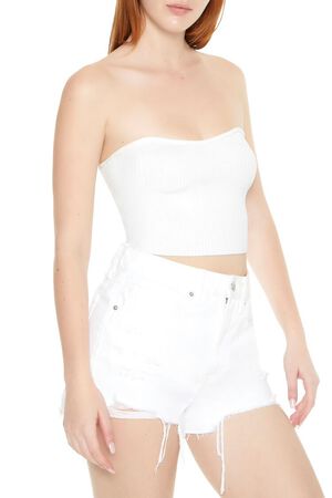 WHITE Sweater-Knit Cropped Tube Top, image 2