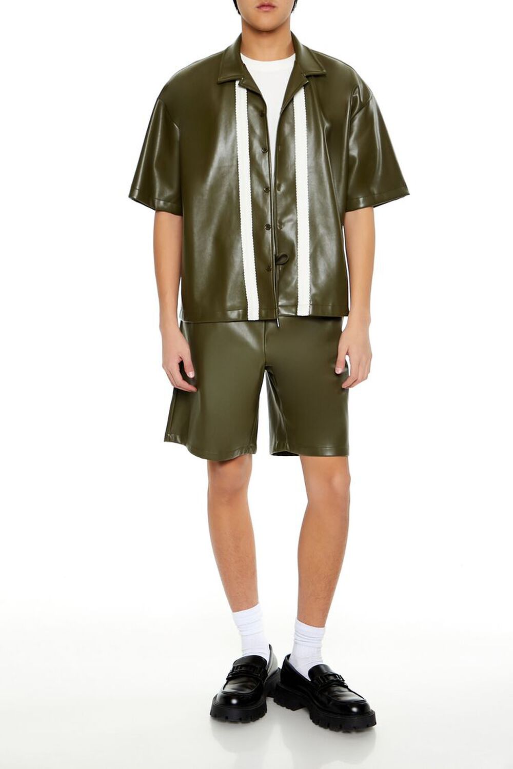 OLIVE/CREAM Striped Faux Leather Shirt, image 2