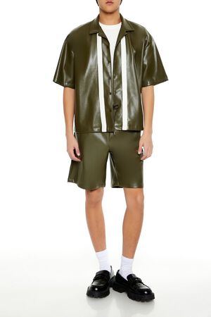 OLIVE/CREAM Striped Faux Leather Shirt, image 2