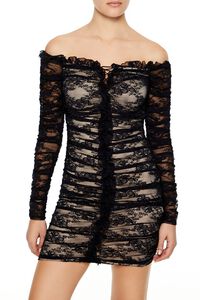 BLACK/NUDE Lace Off-the-Shoulder Mini Dress, image 2