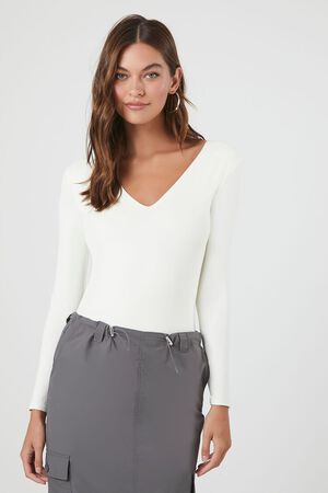 WHITE Jersey V-Neck Bodysuit, image 1
