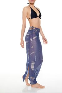 BLUE/CREAM Printed Denim Cutout Maxi Swim Cover-Up Skirt, image 3