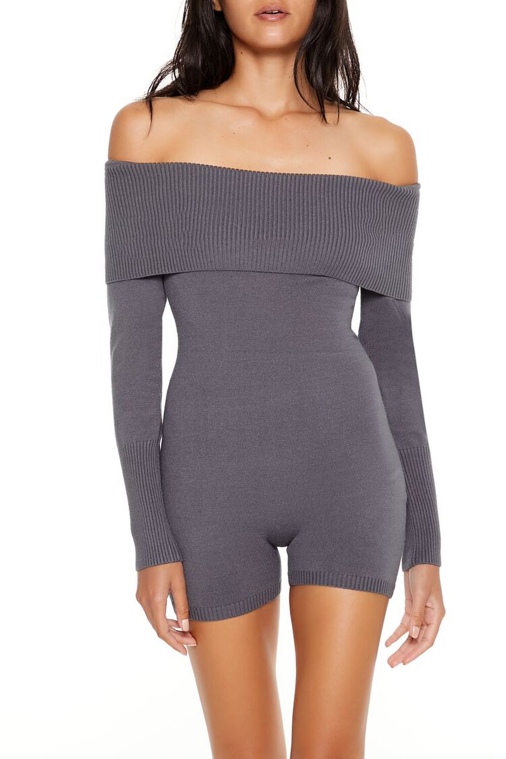 GREY Sweater-Knit Off-the-Shoulder Romper, image 2