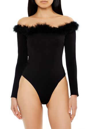 BLACK Faux Feather-Trim Off-the-Shoulder Bodysuit, image 2