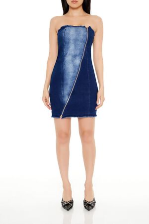 DARK DENIM Zip-Up Denim Tube Mini Dress, image 1