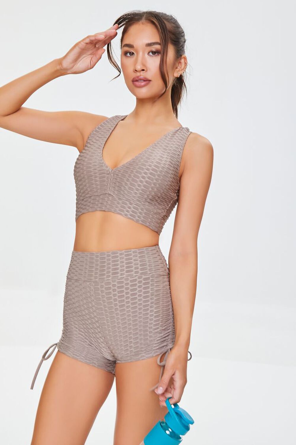 TAUPE Active Honeycomb Drawstring Biker Shorts, image 1