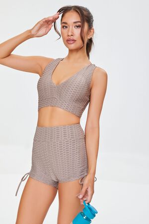 TAUPE Active Honeycomb Drawstring Biker Shorts, image 1