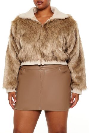 BROWN Plus Size Cropped Faux Fur Jacket, image 1
