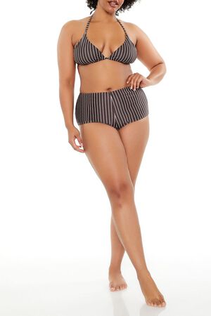 DARK BROWN/WHITE Plus Size Pinstriped Bikini Bottoms, image 1