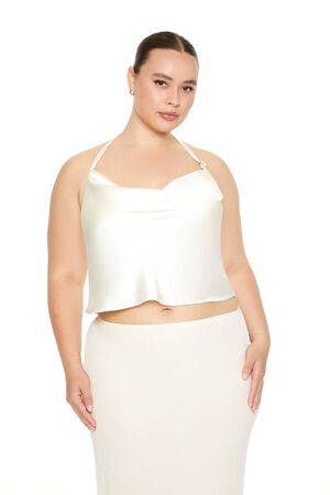 WHITE Plus Size Satin Halter Top, image 1