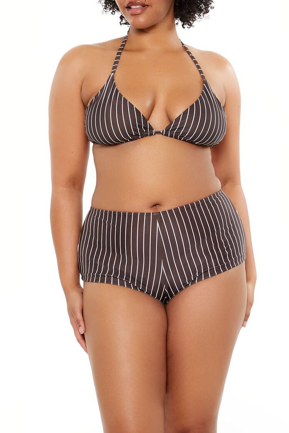 DARK BROWN/WHITE Plus Size Pinstriped Bikini Bottoms, image 3