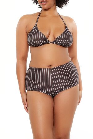 DARK BROWN/WHITE Plus Size Pinstriped Bikini Bottoms, image 3