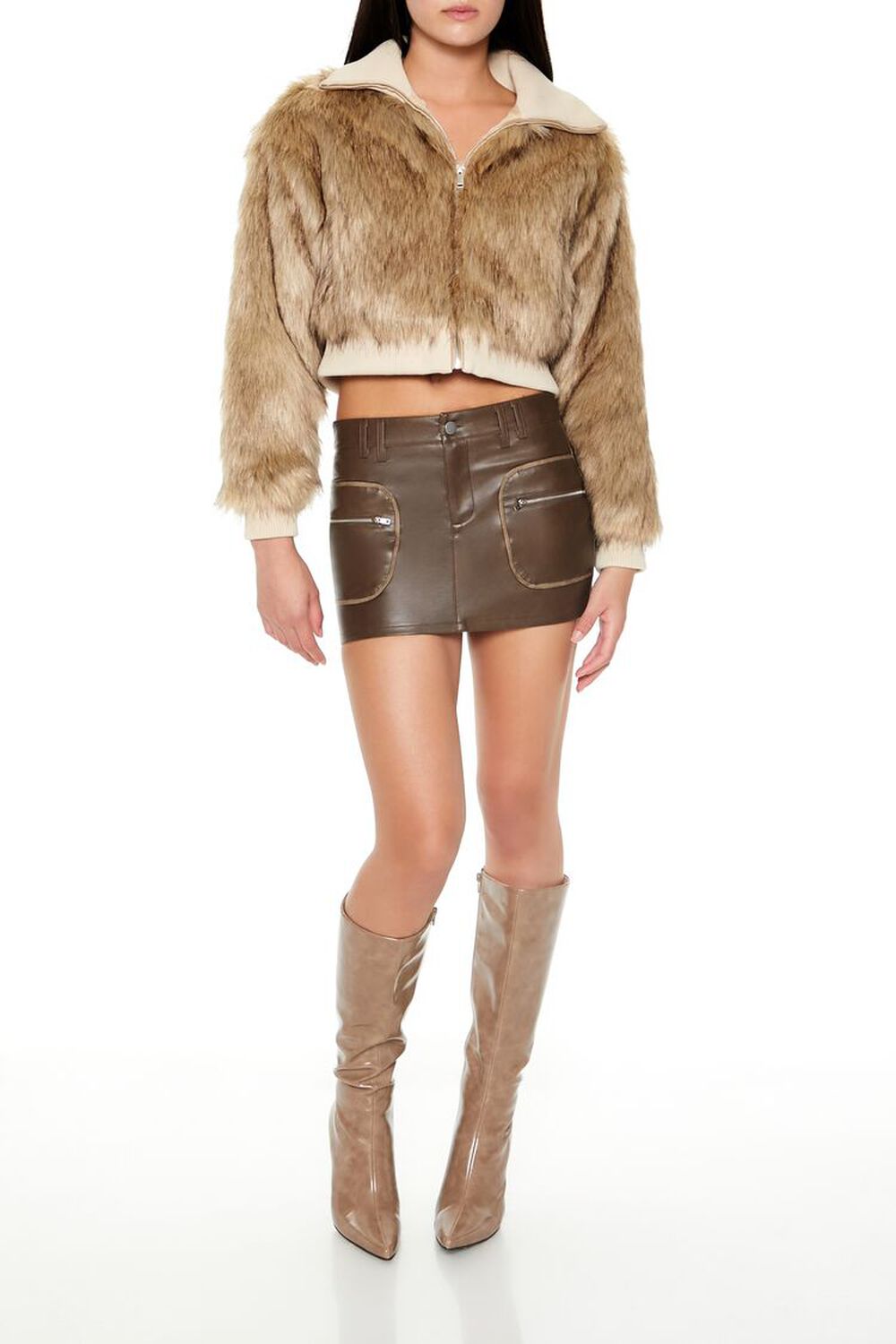 TAN/MULTI Cropped Faux Fur Bomber Jacket, image 2
